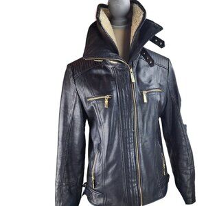 Vince Camuto Women's L Moto Leather Jacket Lamb Nappa Leather Faux Fur Collar
